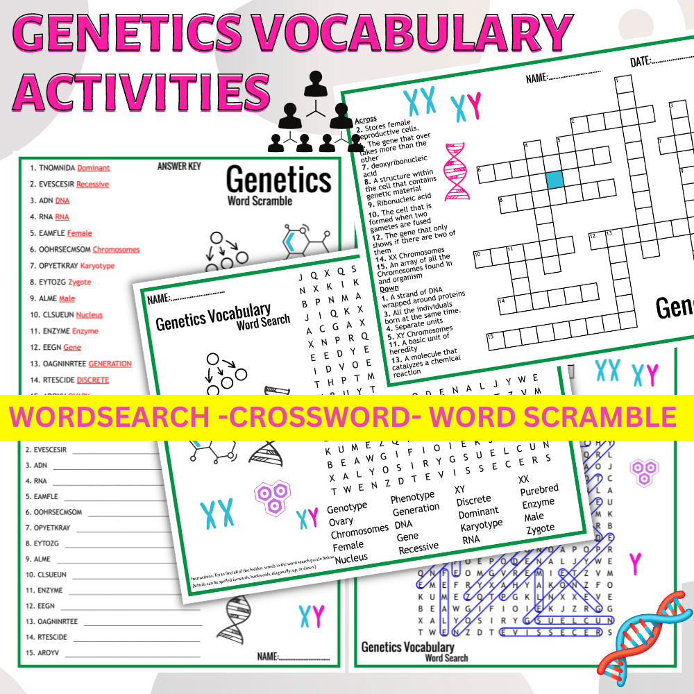 Genetics Vocabulary Activities Worksheets Wordssearch Crossword 
