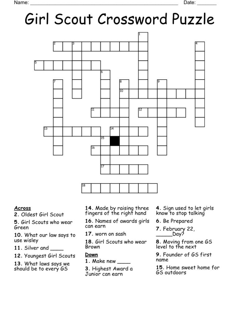 Girl Scout Crossword Puzzle WordMint