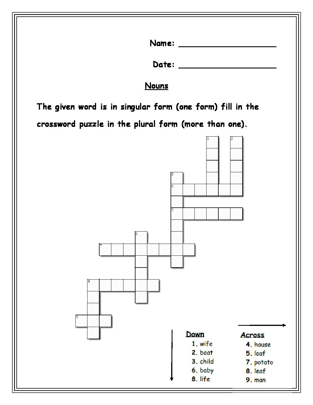 Grade 2 Nouns Crossword Puzzle