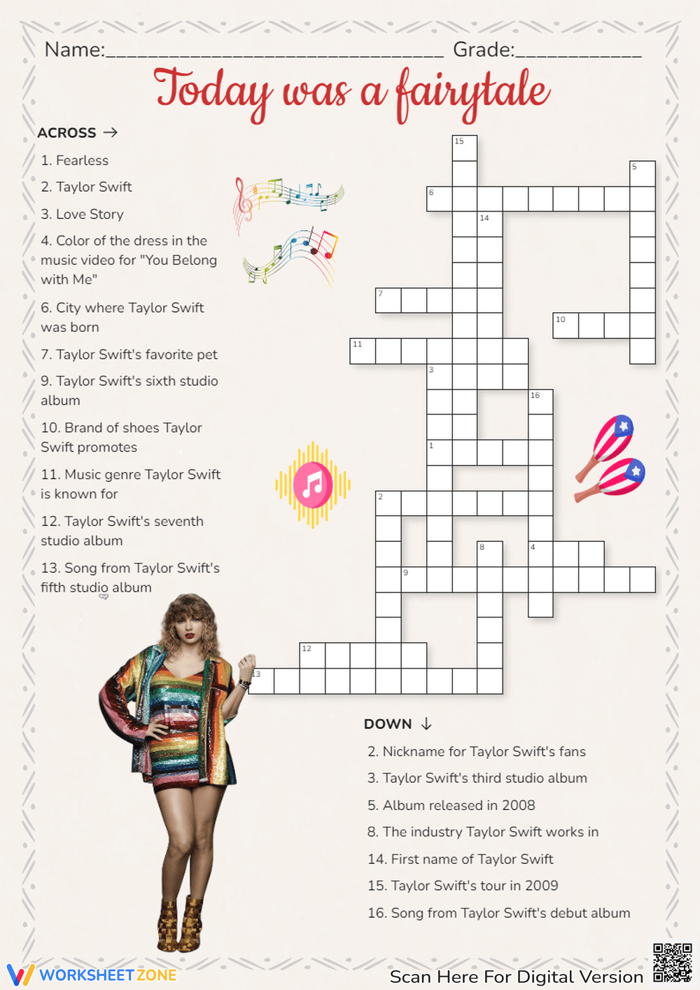 Grade 2 Taylor Swift Crossword Worksheets 2025