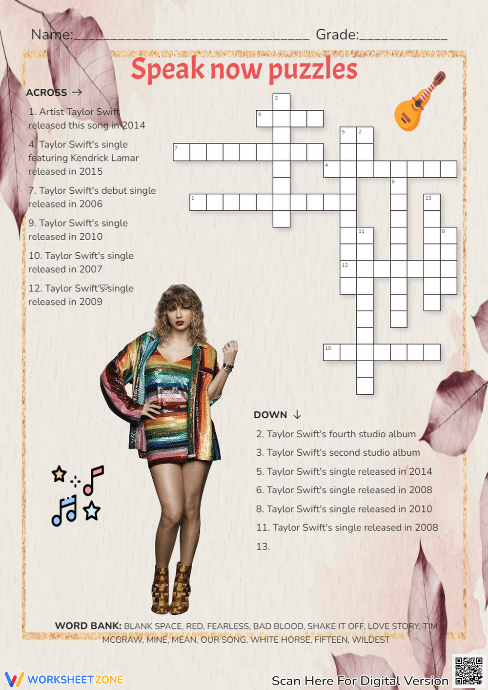Grade 3 Taylor Swift Crossword Worksheets 2025