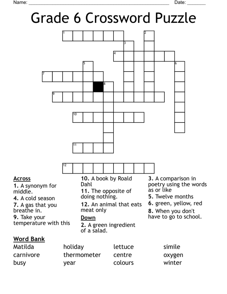 Grade 6 Crossword Puzzle WordMint