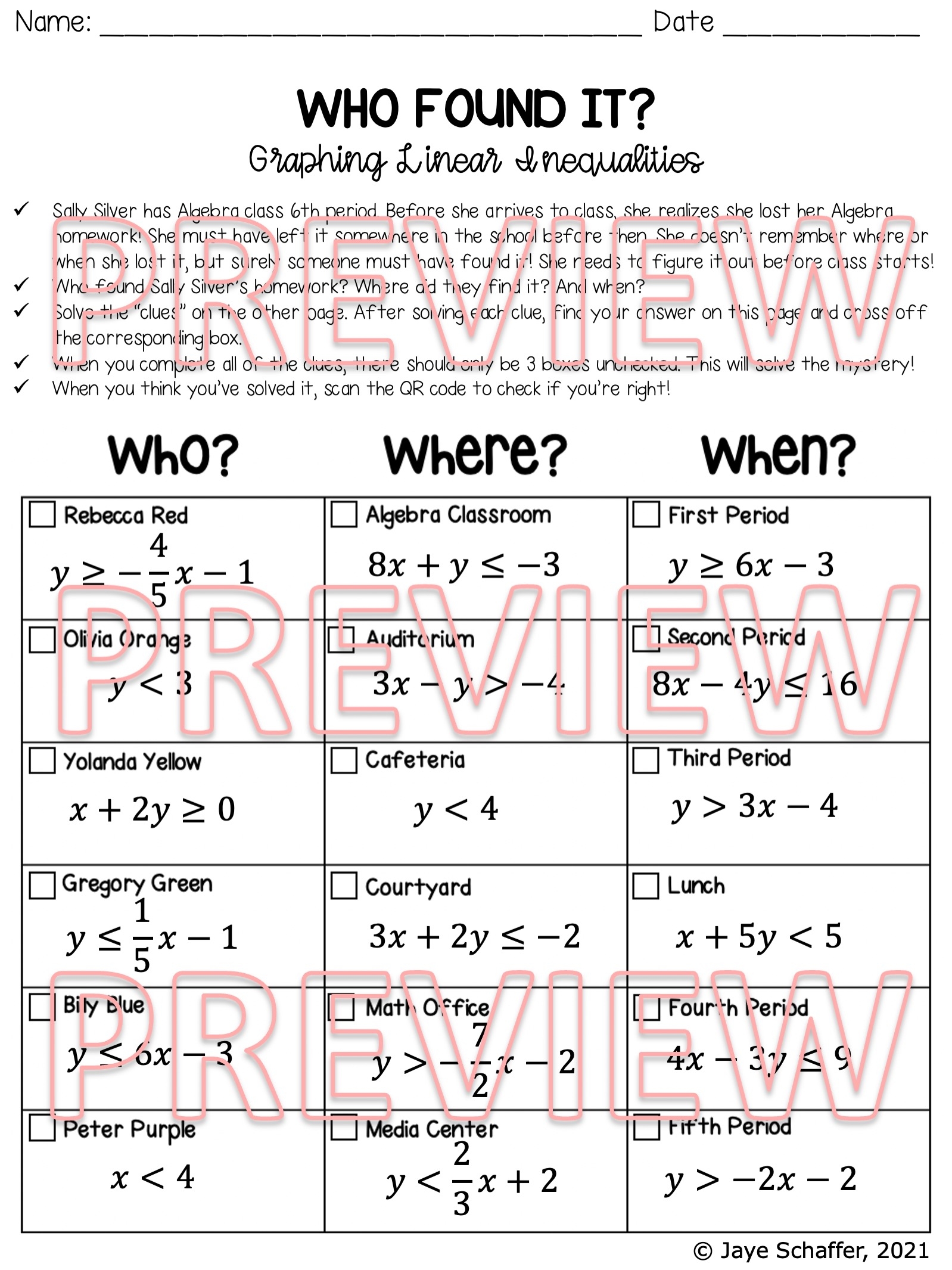 Graphing Linear Inequalities Clue Mystery Activity Made By Teachers