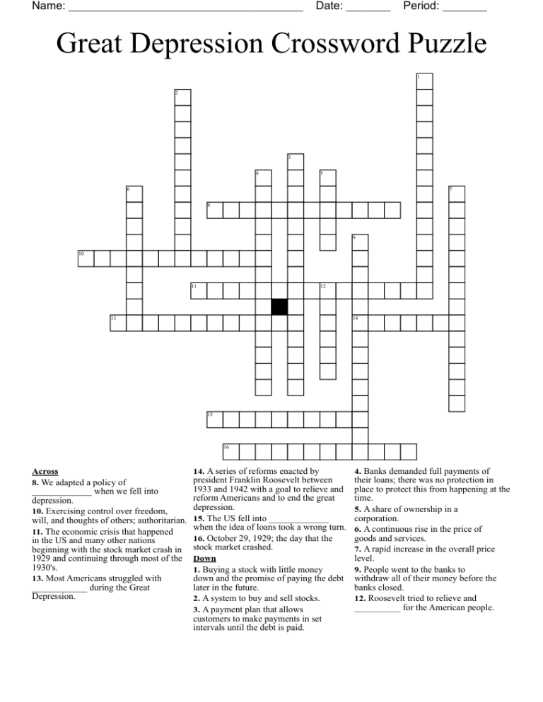 Great Depression Crossword Puzzle WordMint