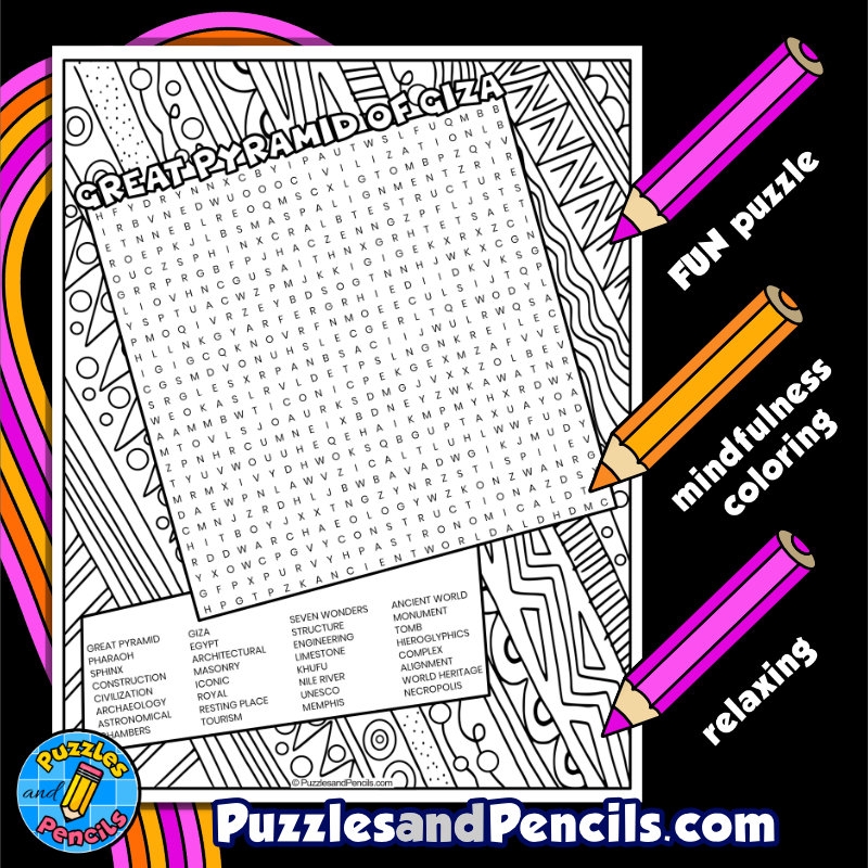 Great Pyramid Of Giza Word Search Puzzle With Coloring Seven Wonders