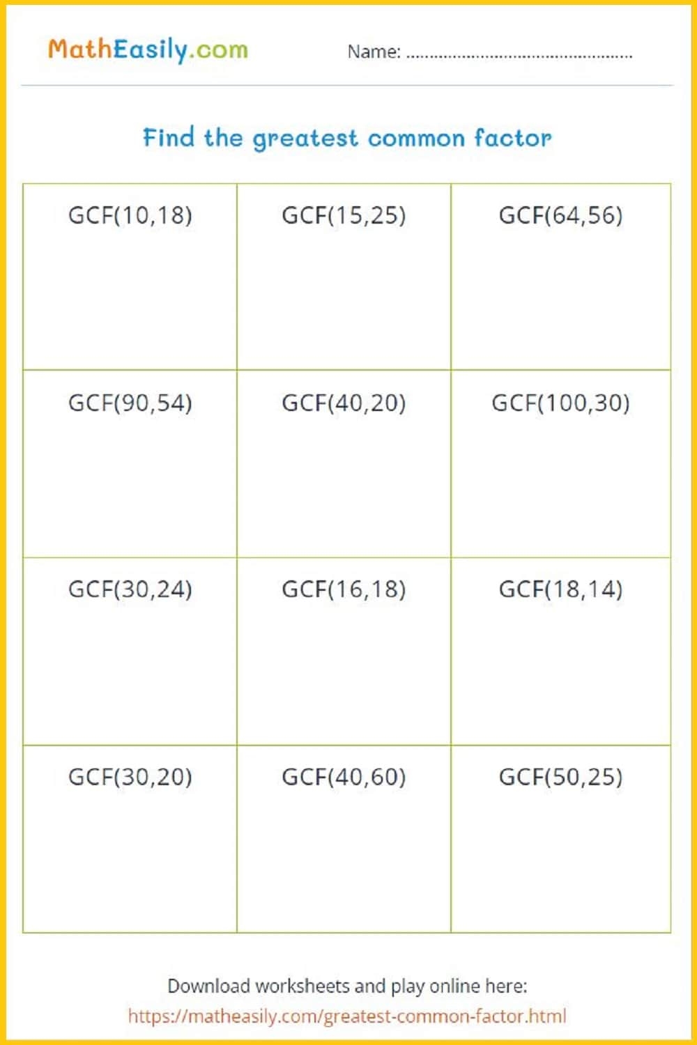 Greatest Common Factor Games Find GCF