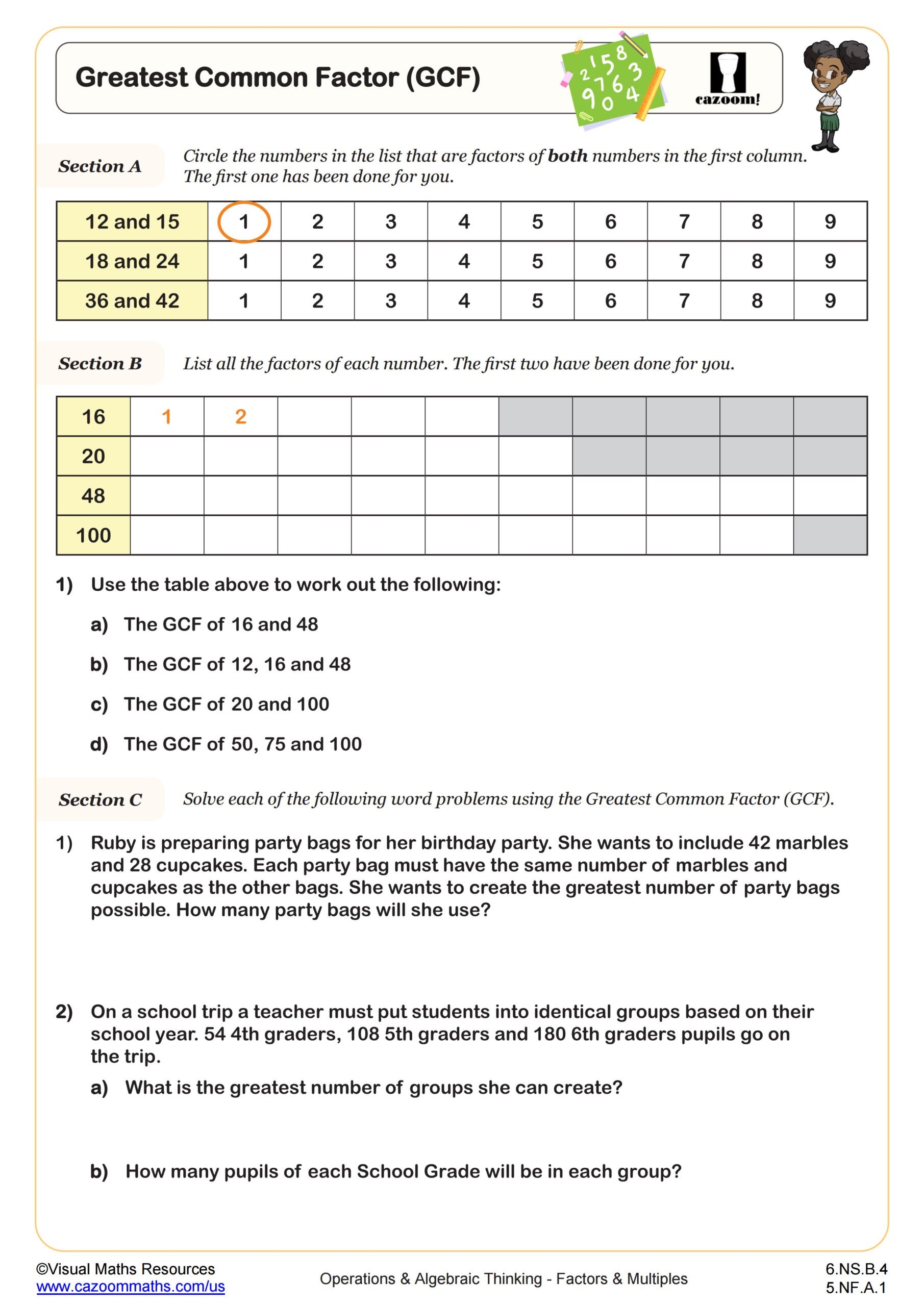 Greatest Common Factor GCF Worksheet PDF Printable Operations U0026 Algebraic Thinking Worksheet
