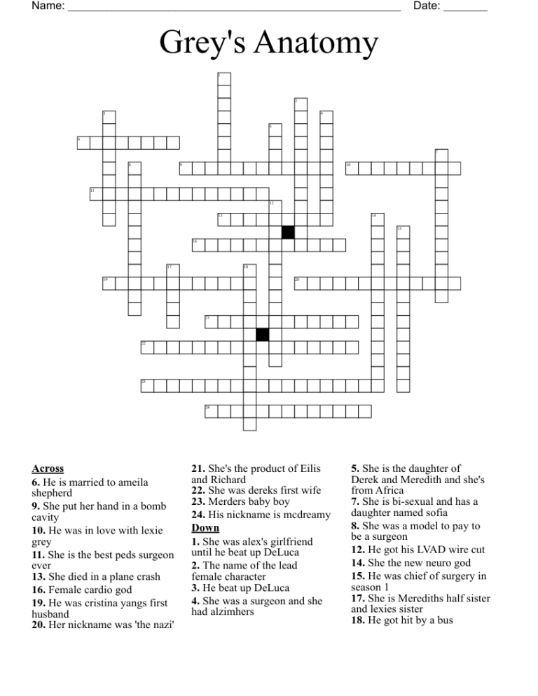 Grey s Anatomy Crossword WordMint