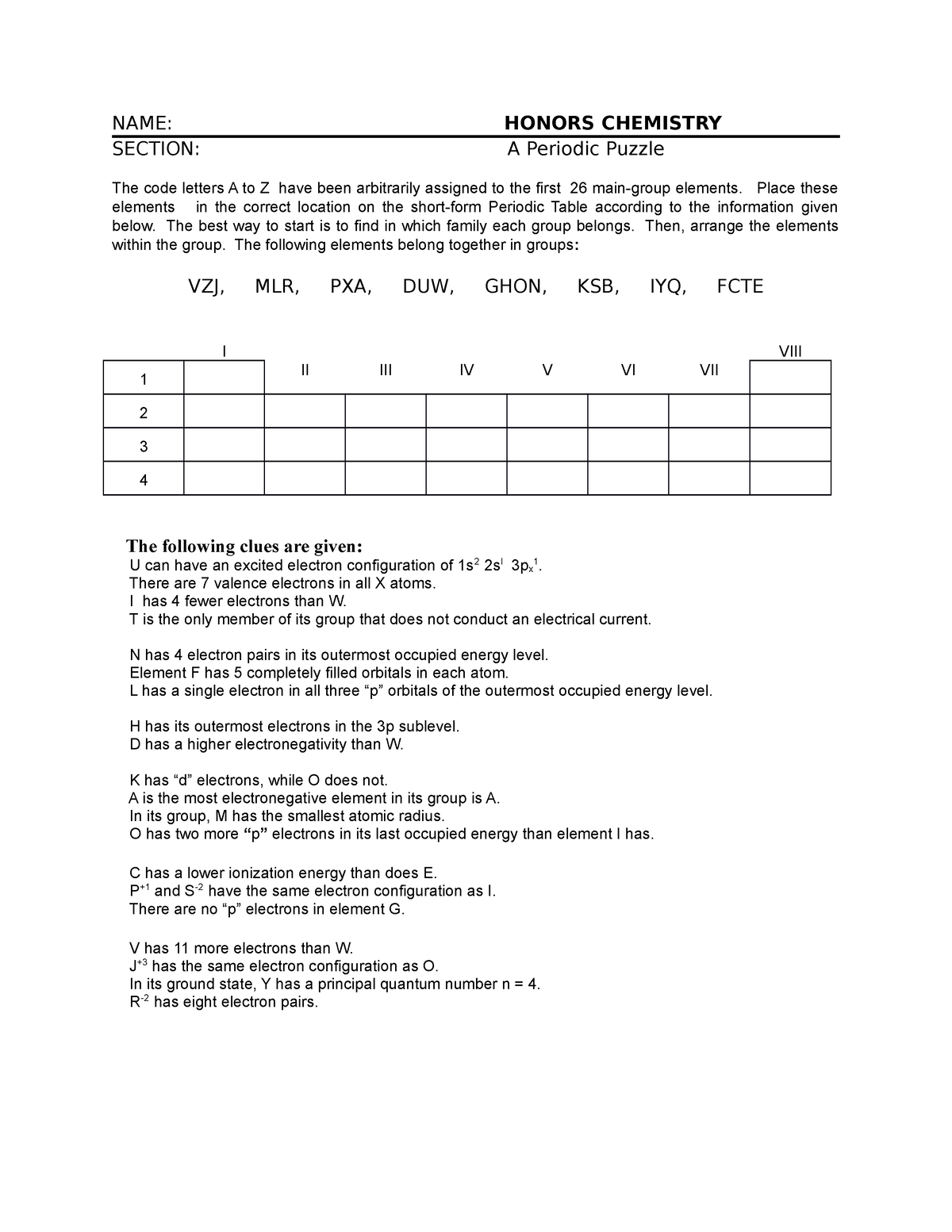 H Periodic Table Puzzle 2022 NAME HONORS CHEMISTRY SECTION A Worksheets Library