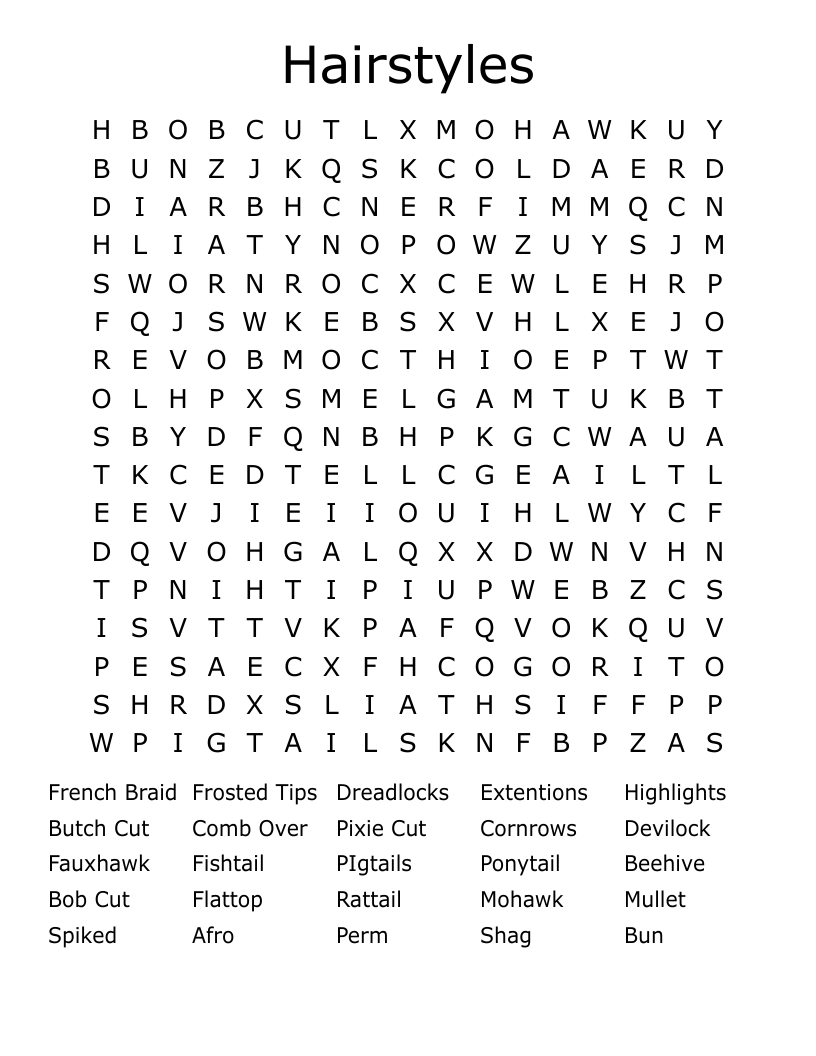 Hairstyles Word Search WordMint