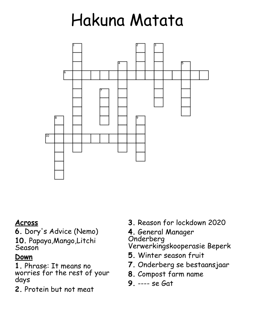 Hakuna Matata Crossword WordMint