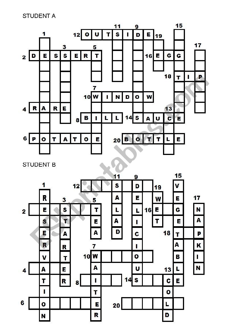 Half a crossword RESTAURANT ESL Worksheet By Akari