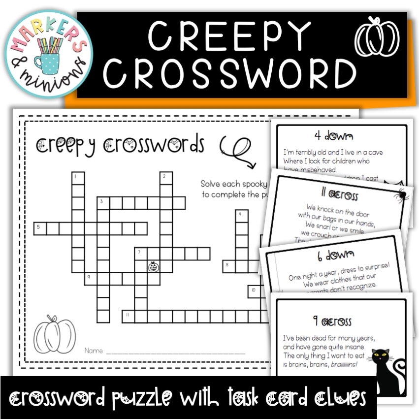 Halloween Creepy Crossword Puzzle And Task Cards Markers U0026 Minions