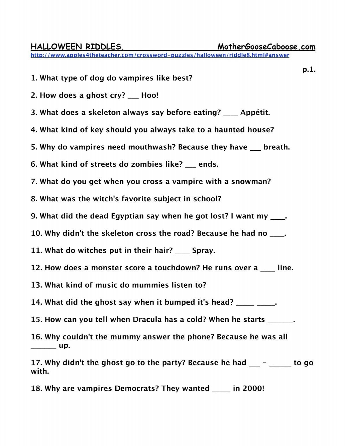 HALLOWEEN RIDDLES Mother Goose Caboose HALLOWEEN RIDDLES Mother Goose Caboose