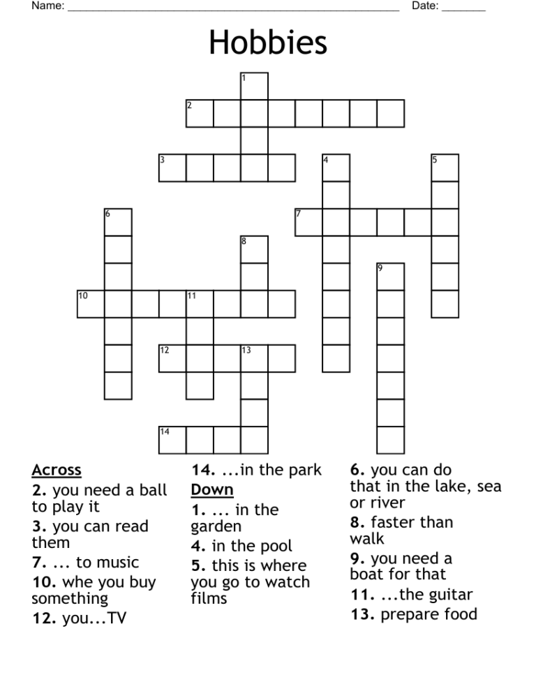 Hobbies Crossword WordMint