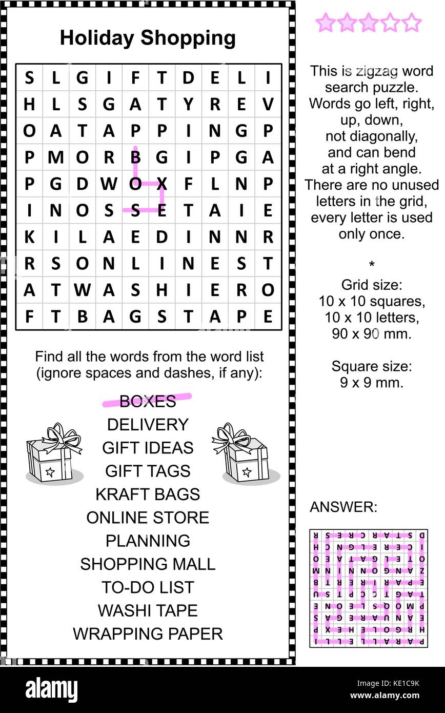 Holiday Shopping Themed Zigzag Word Search Puzzle Answer Included 