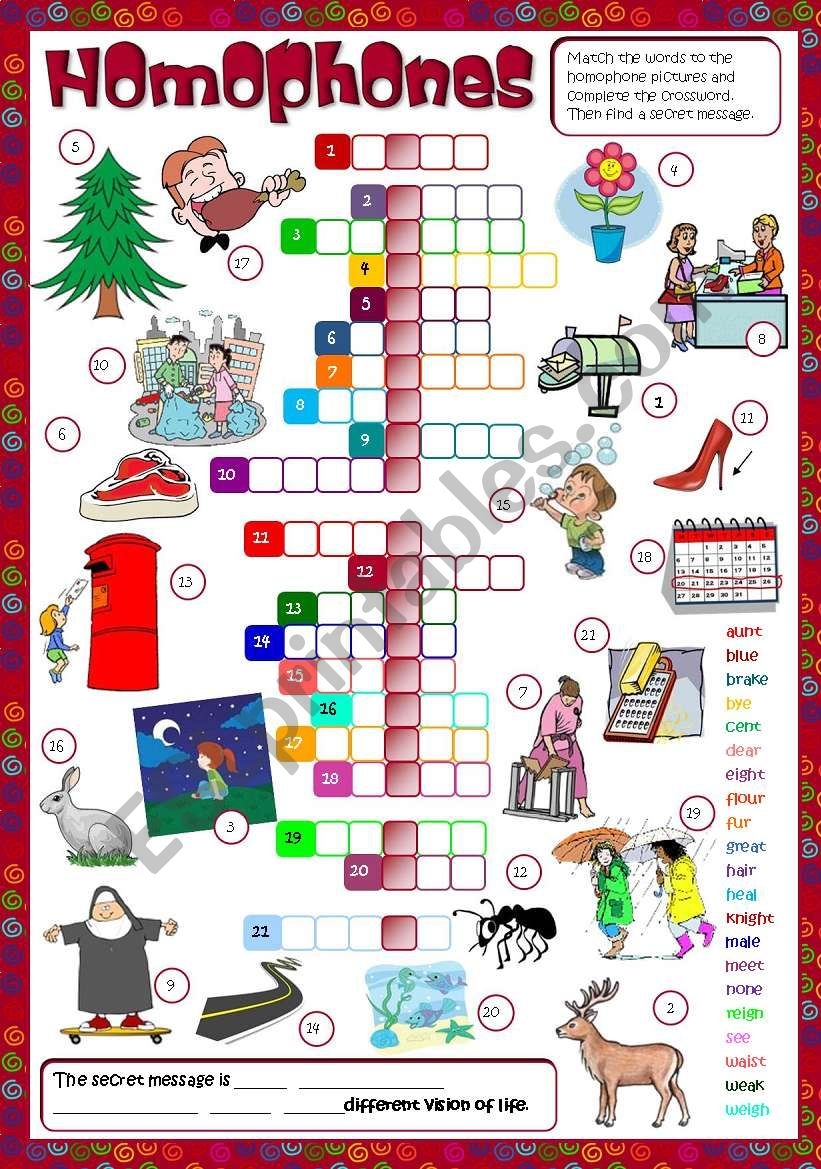 Homophones CROSSWORD Greyscale KEY Included ESL Worksheet By Mada 1