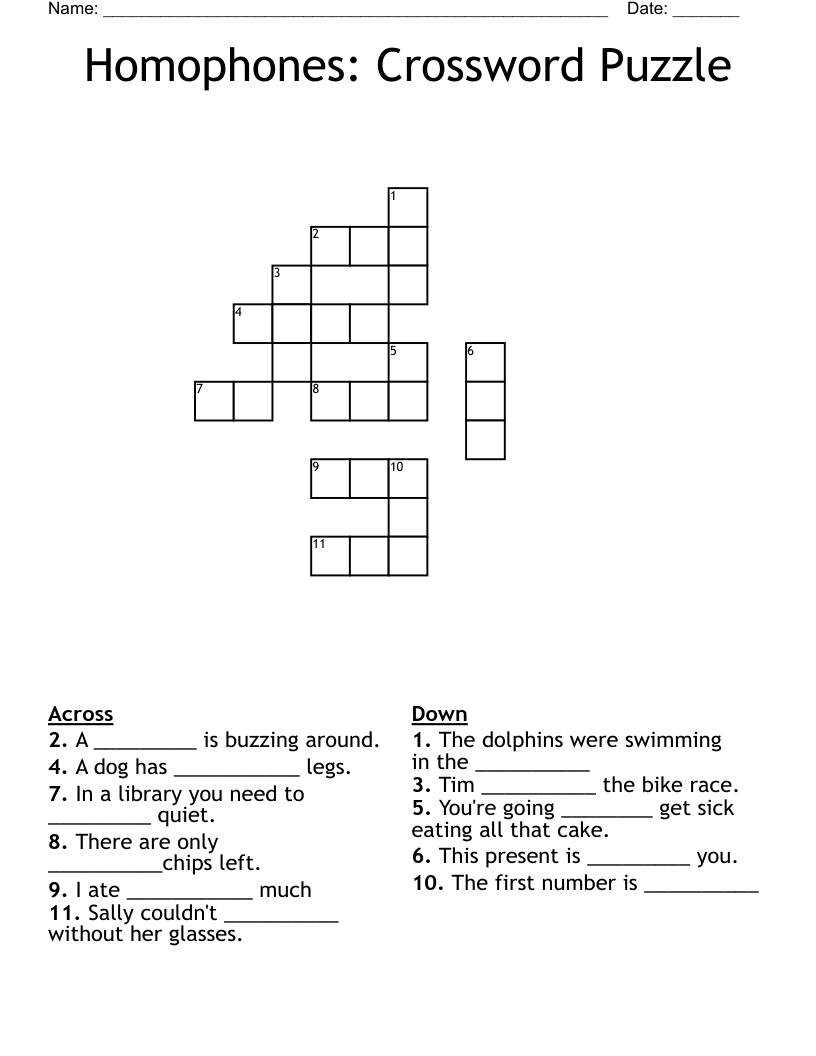 Printable Homophones Crossword Puzzle