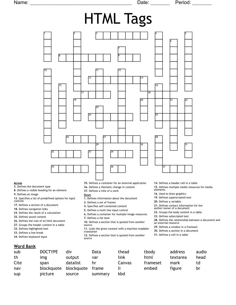 HTML Tags Crossword WordMint