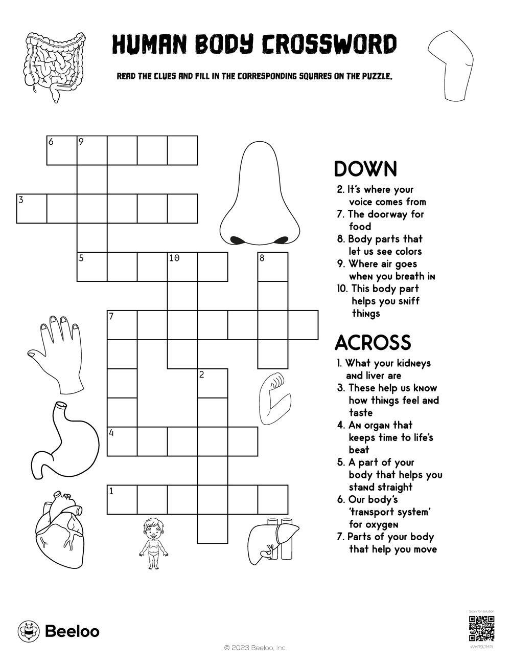 Human Body Crossword Beeloo Printable Crafts And Activities For Kids Worksheets Library