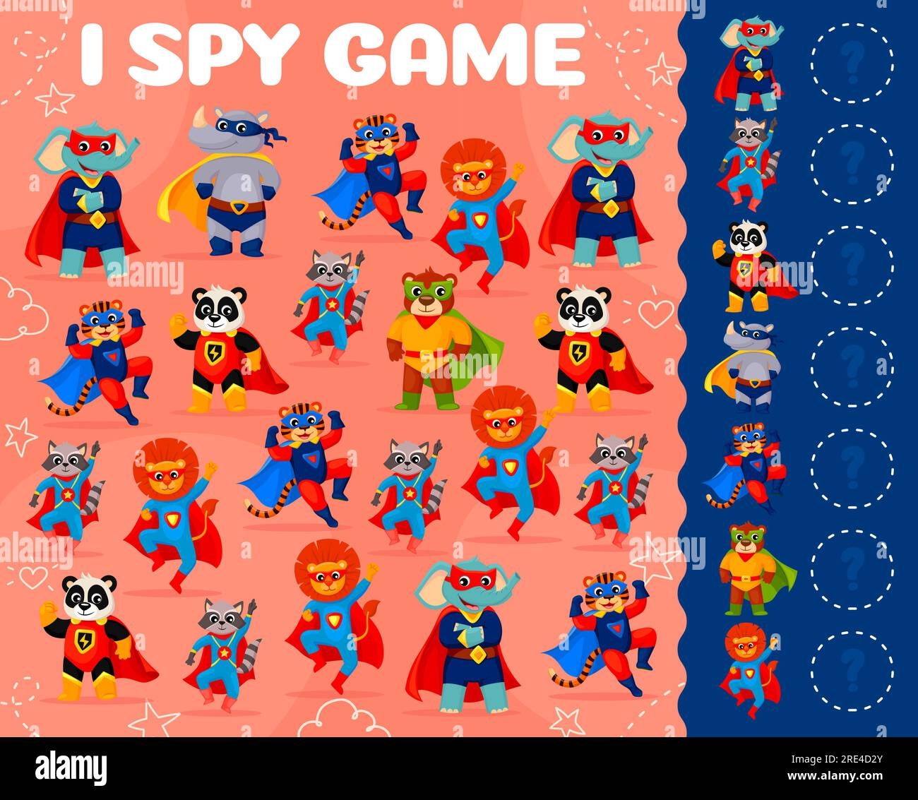 I Spy Game Worksheet Cartoon Superhero Animal Characters Vector Puzzle Or Brain Riddle Find And Count