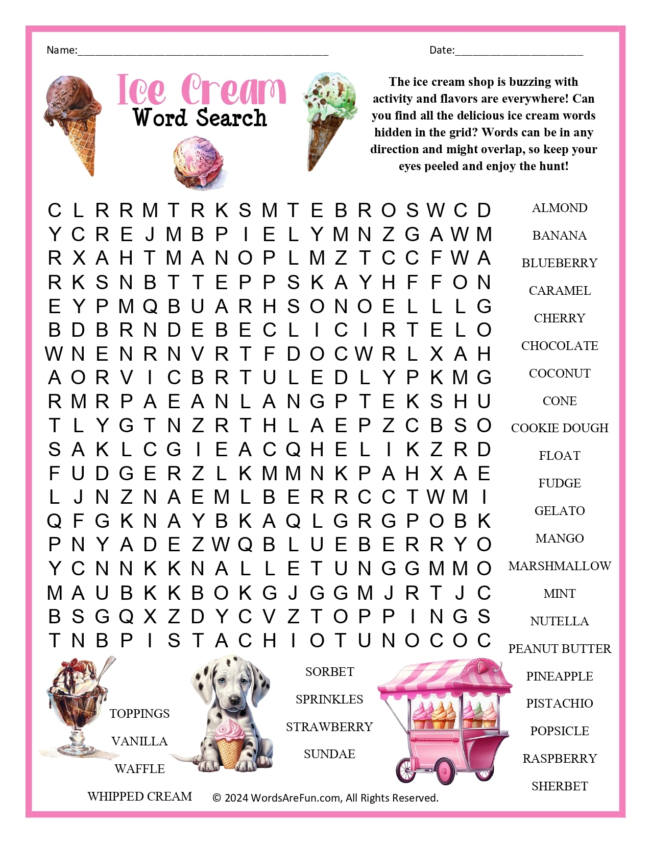 Ice Cream Crossword Puzzle Printable