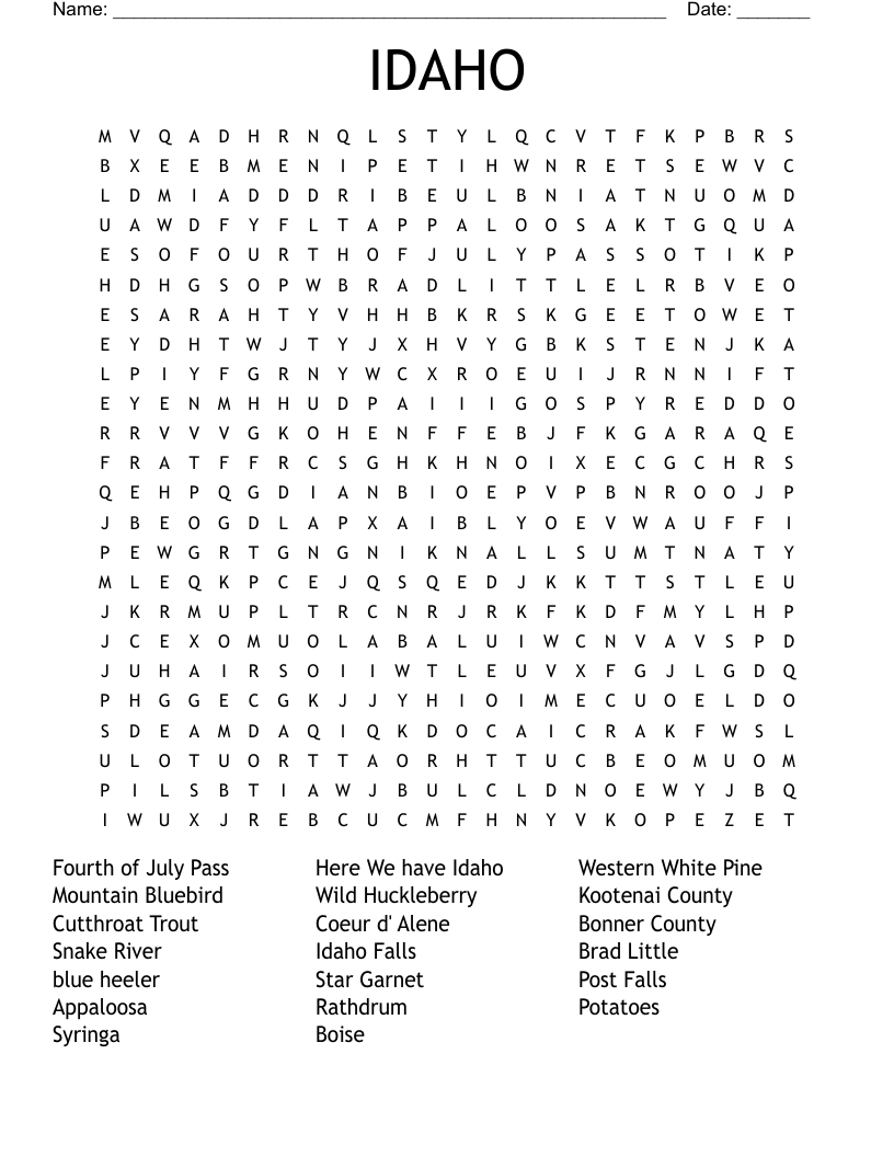 Idaho Crossword WordMint
