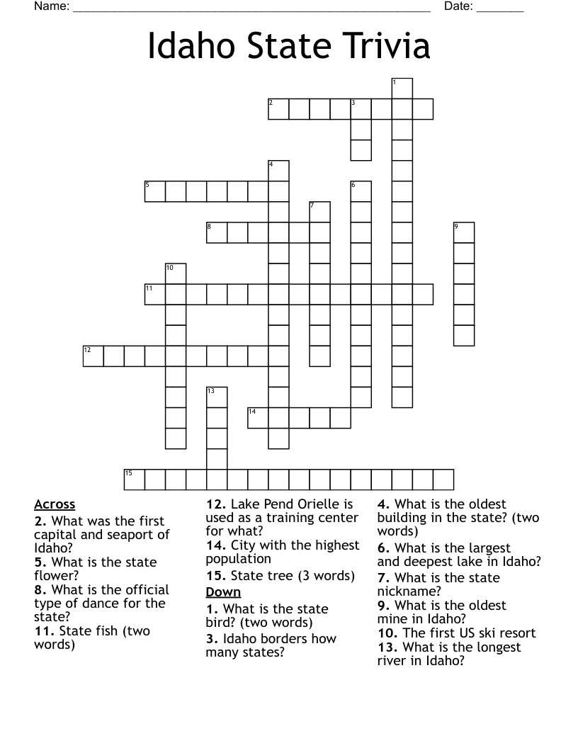 Idaho State Trivia Crossword WordMint