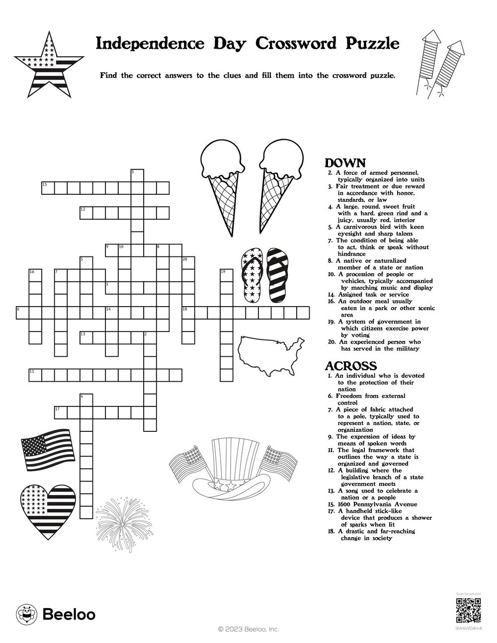 Independence Day Crossword Puzzle Beeloo Printable Crafts And 