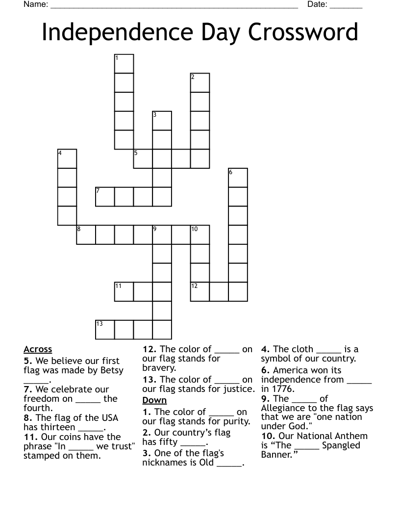 4th Of July Crossword Puzzle Printable