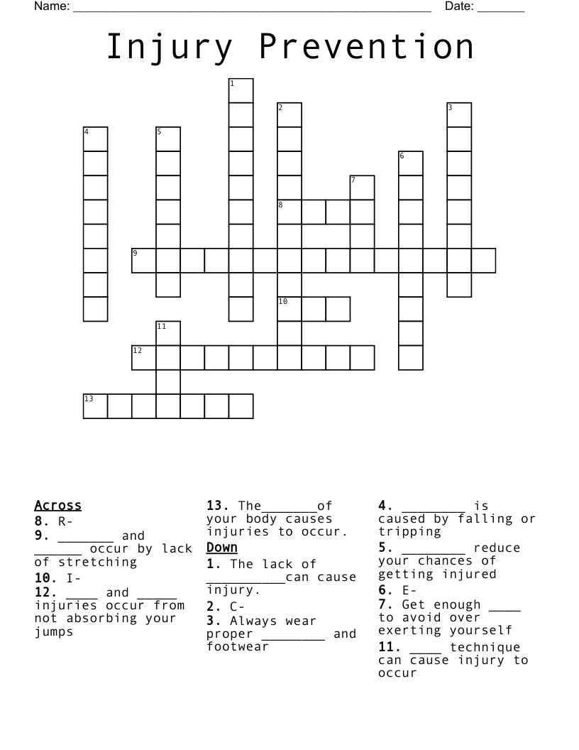 Injury Prevention Crossword WordMint Injury Prevention Crossword WordMint