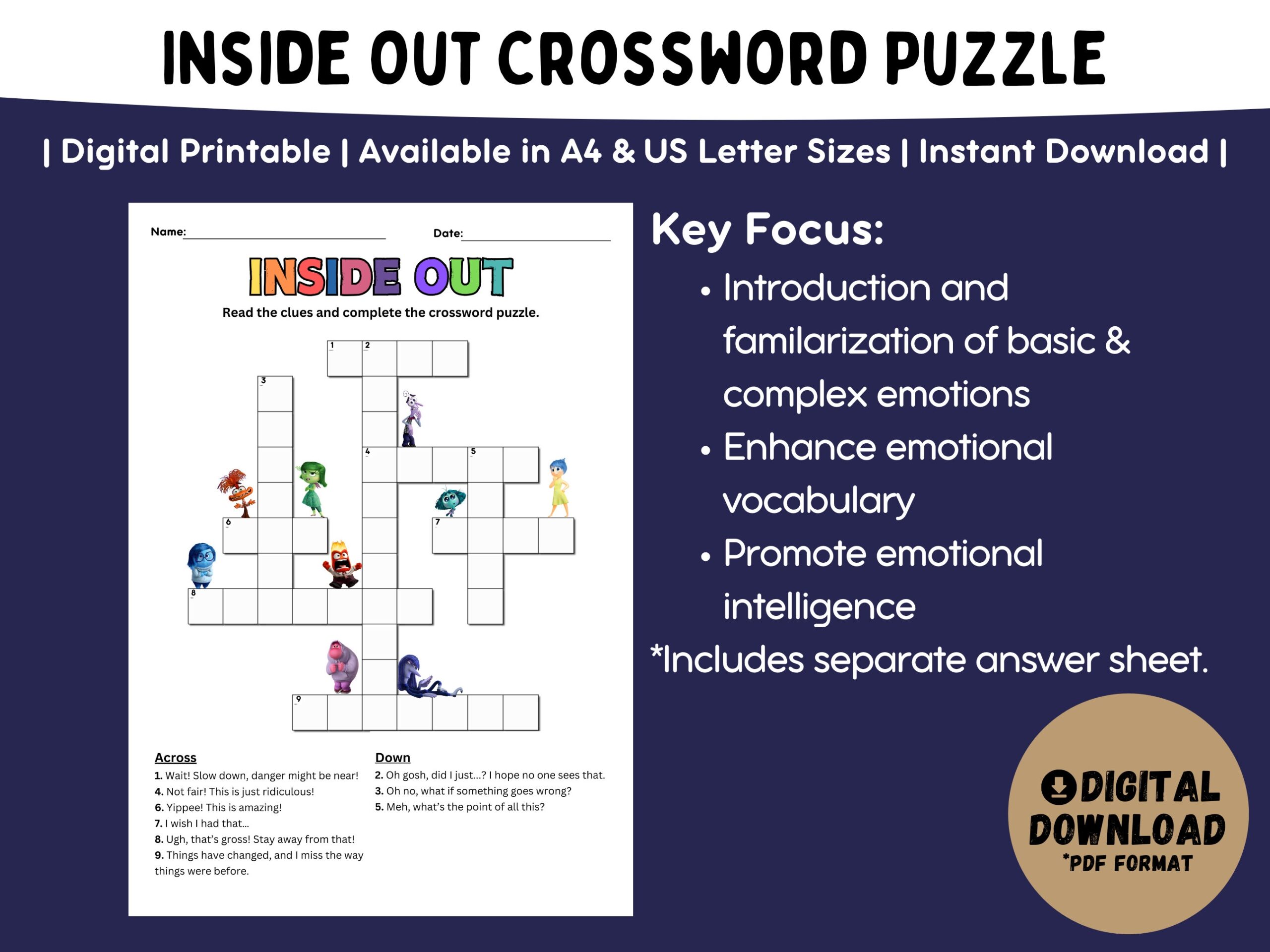 Inside Out 2 Activity Worksheet Feelings Crossword Puzzle Inside Out 2 Movie Etsy