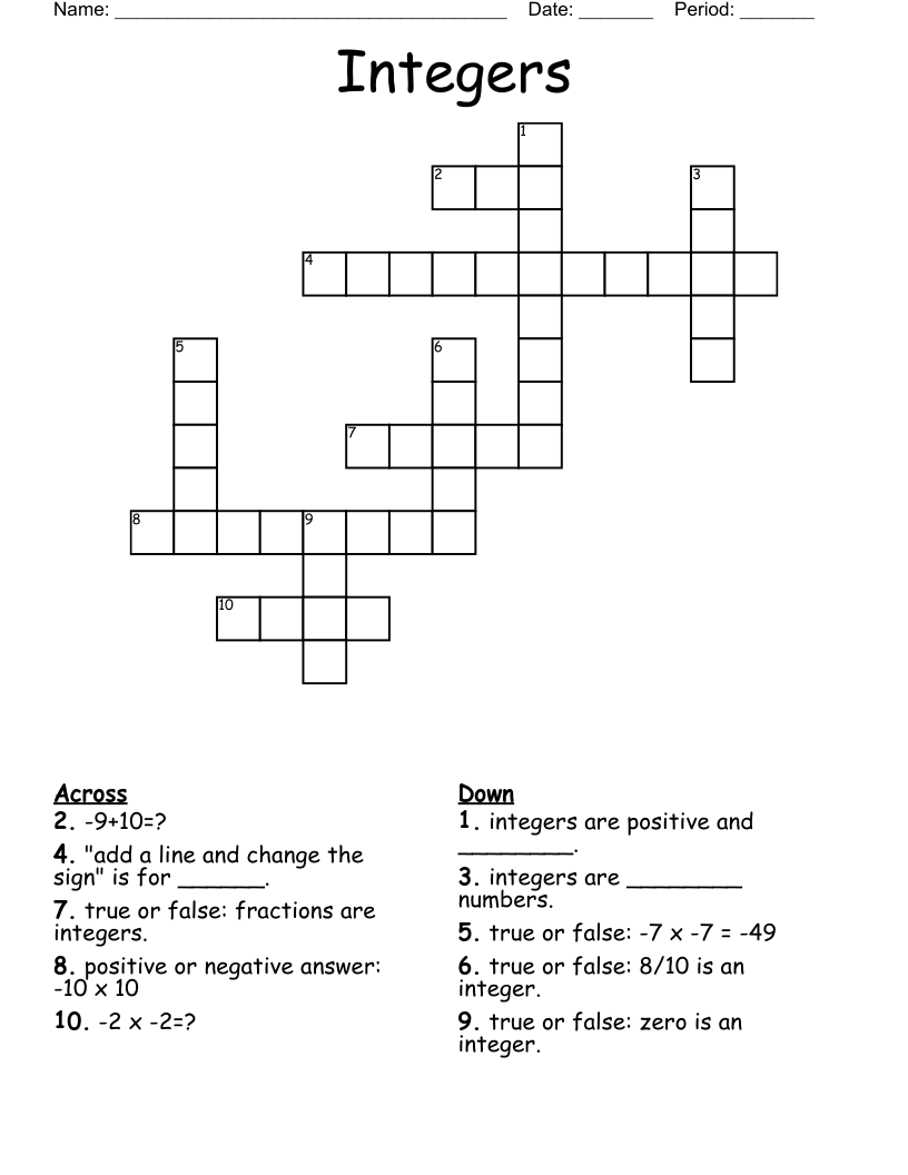 Integers Crossword WordMint Integers Crossword WordMint