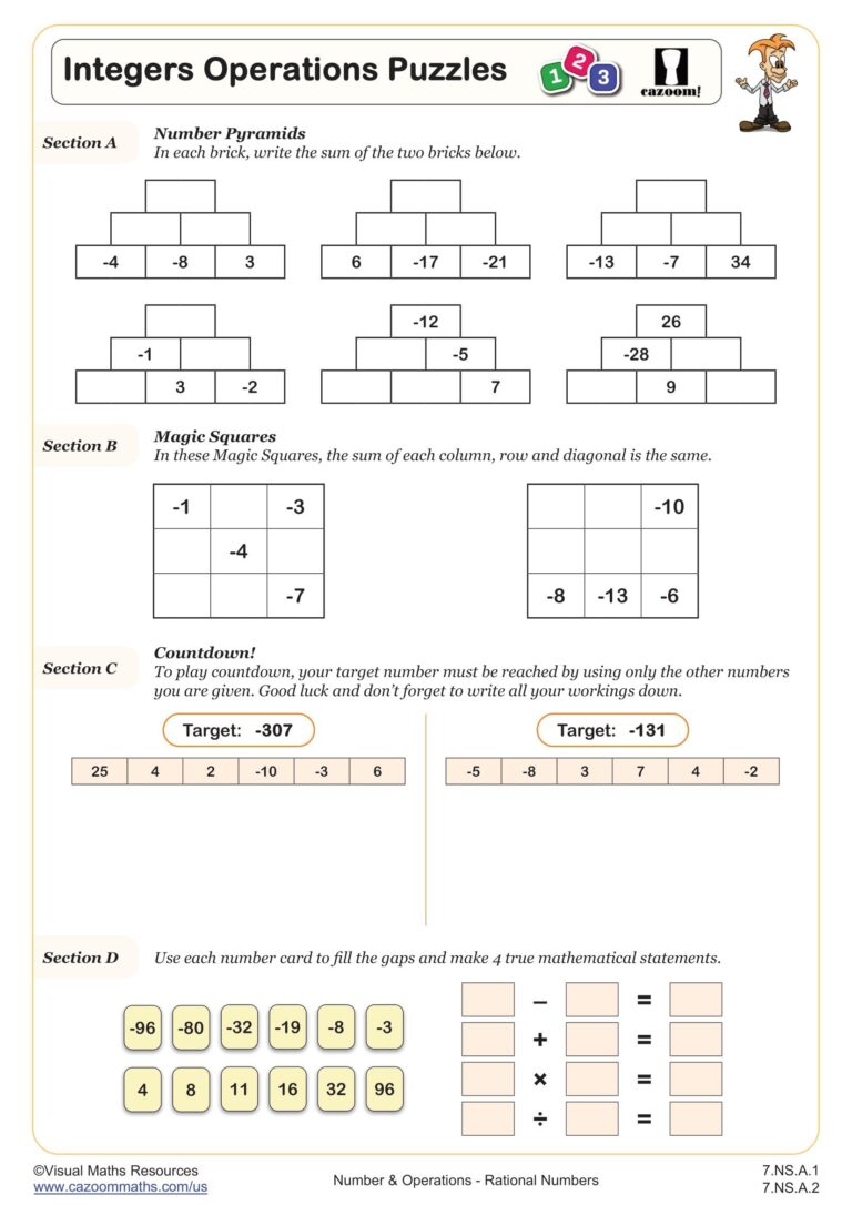 Integers Operations Puzzles Worksheet PDF Printable Number