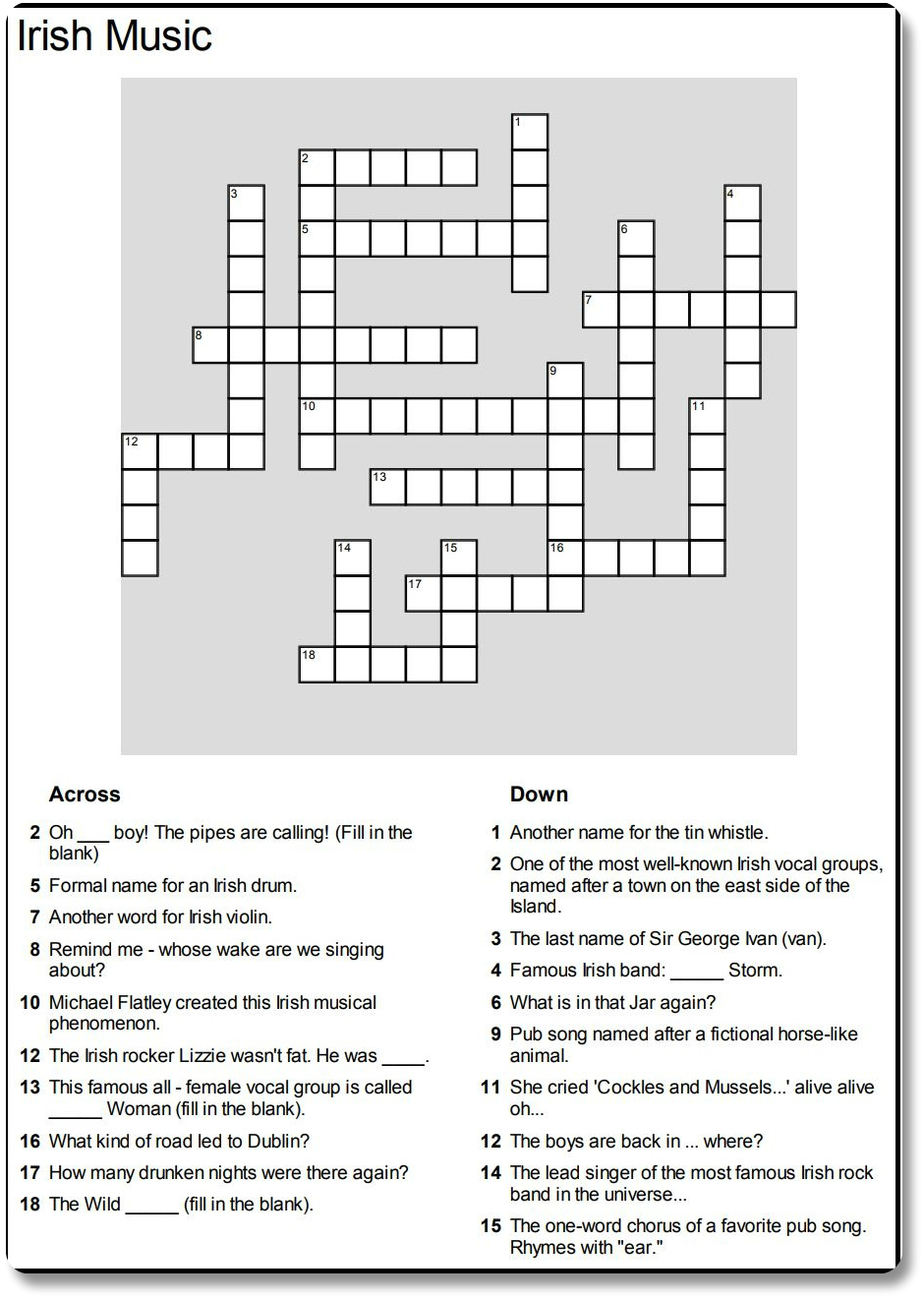 Irish Music Crossword Puzzle Challenge Your Knowledge Of Irish Music 