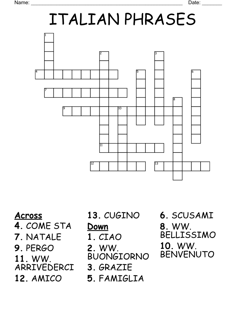 ITALIAN PHRASES Crossword WordMint ITALIAN PHRASES Crossword WordMint