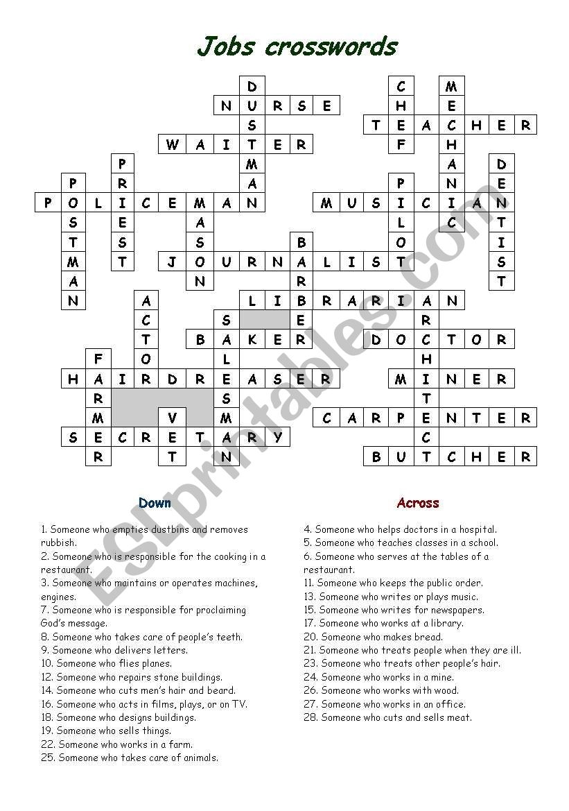 Jobs Crossword Solutions ESL Worksheet By Verasantos
