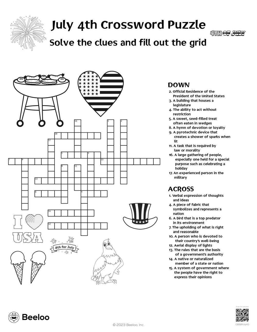 July 4th Crossword Puzzle Beeloo Printable Crafts And Activities 
