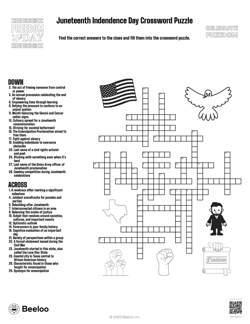 Juneteenth themed Crossword Puzzles Beeloo Printable Crafts And 