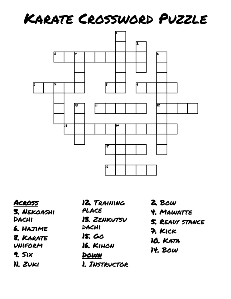 Karate Crossword Puzzle WordMint
