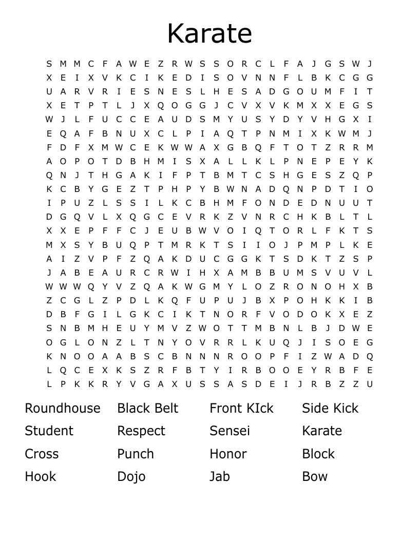 Karate Word Search WordMint Karate Word Search WordMint