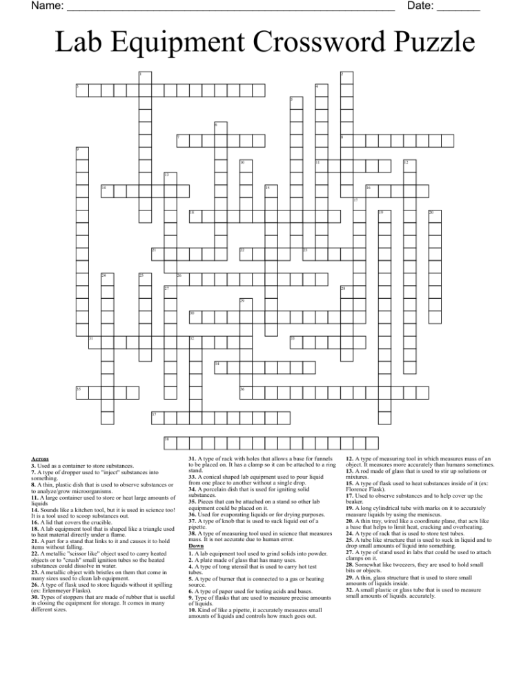 Lab Equipment Crossword Puzzle WordMint