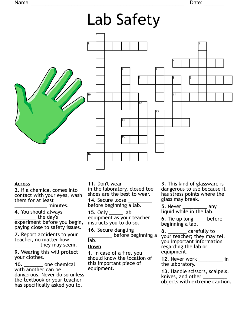 Lab Safety Crossword WordMint