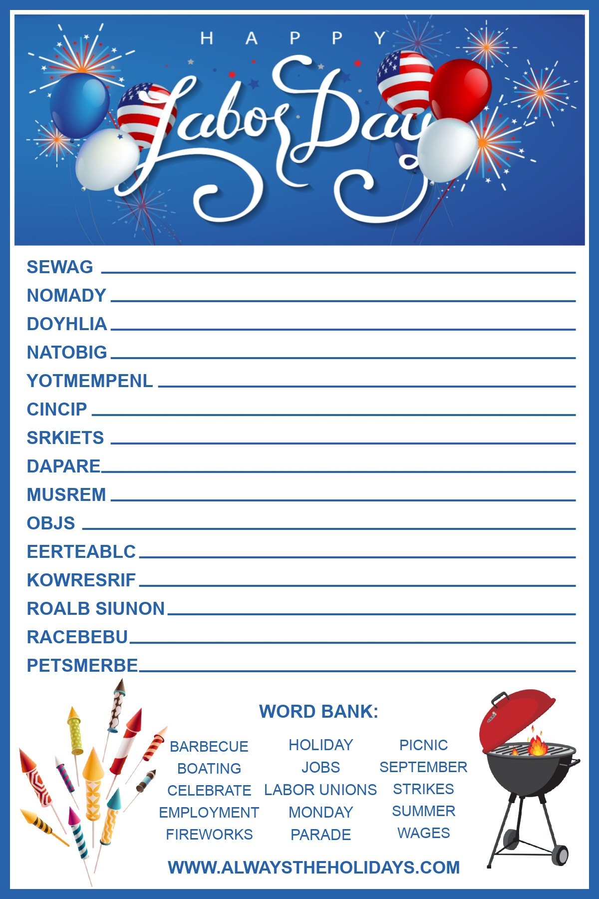 Labor Day Word Scramble Printable Free Puzzle For Kids U0026 Adults
