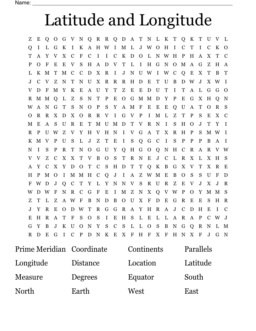 Latitude And Longitude Word Search WordMint