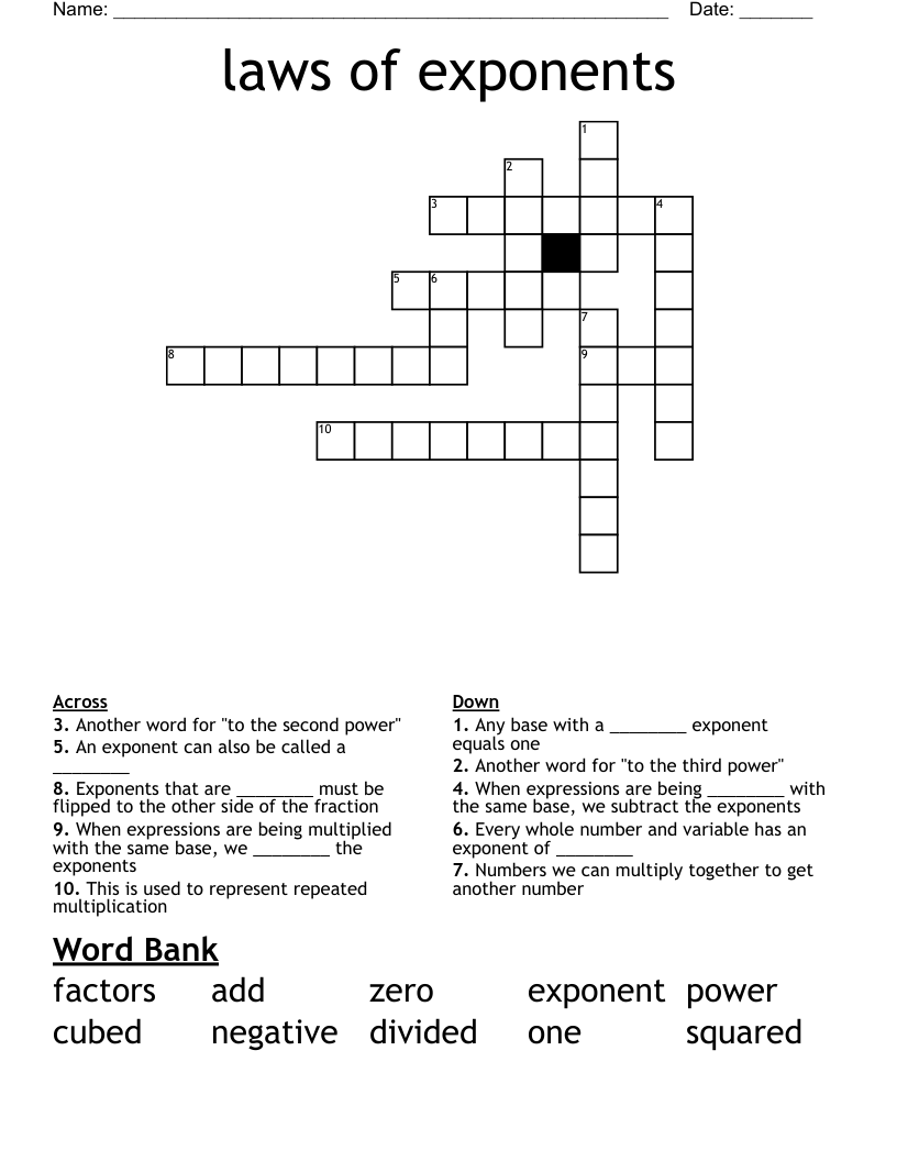 Laws Of Exponents Crossword WordMint