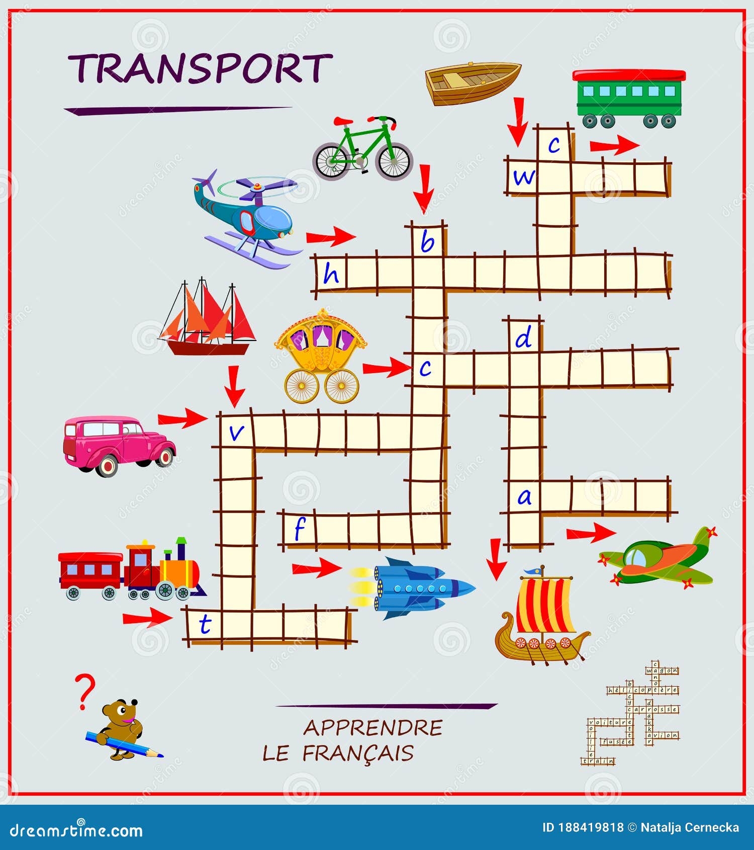 LEARN FRENCH Crossword Puzzle Game With Transport Educational Page For Children To Study French Language And Words Stock Vector Illustration Of Flat Playing 188419818