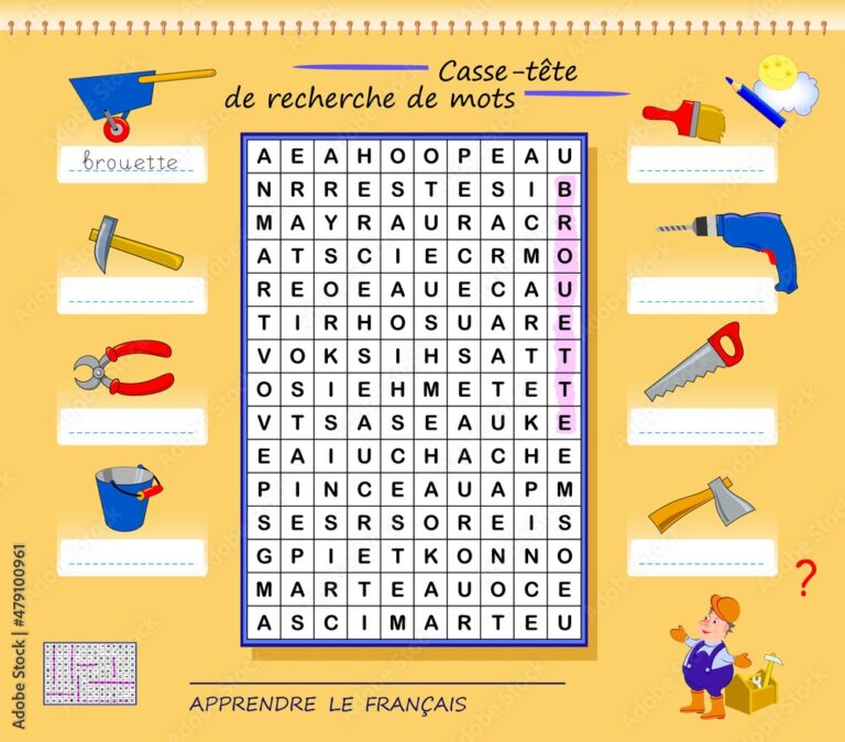 LEARN FRENCH Word Search Puzzle Logic Game With Working Tools For Study French Find The Words And Write The Letters Printable Worksheet For Kids School Textbook Page For Brain Teaser Book Stock