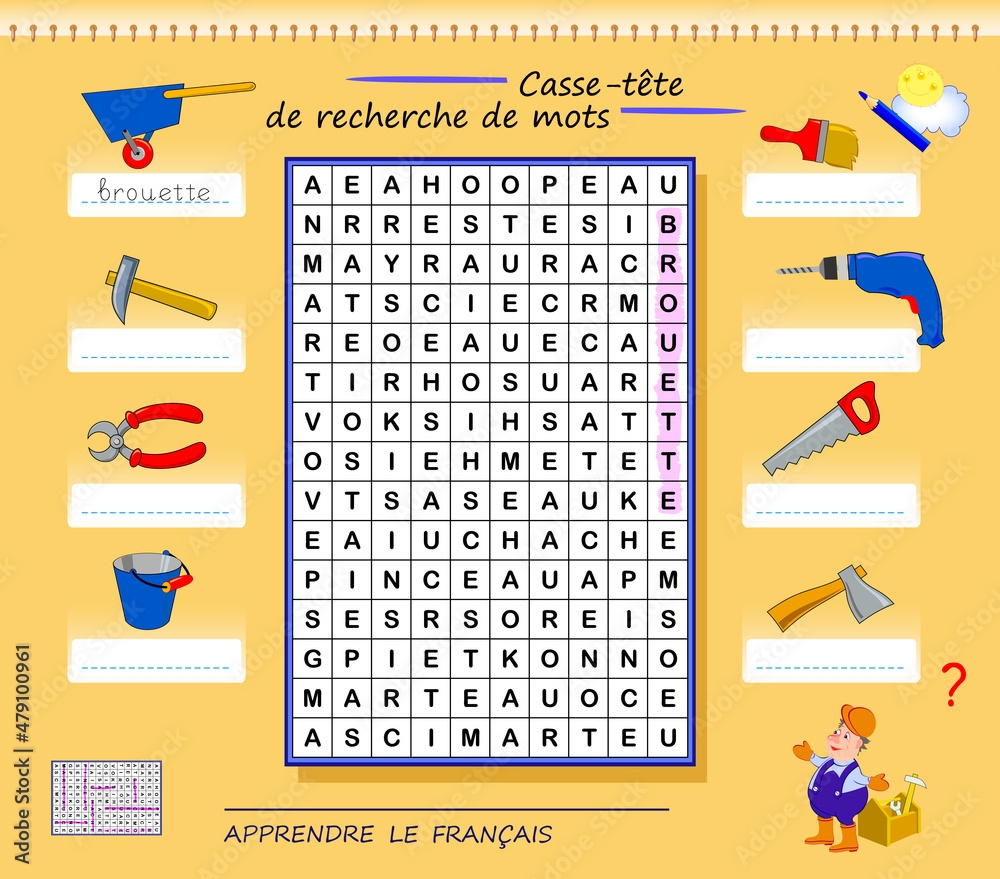 LEARN FRENCH Word Search Puzzle Logic Game With Working Tools For Study French Find The Words And Write The Letters Printable Worksheet For Kids School Textbook Page For Brain Teaser Book Stock