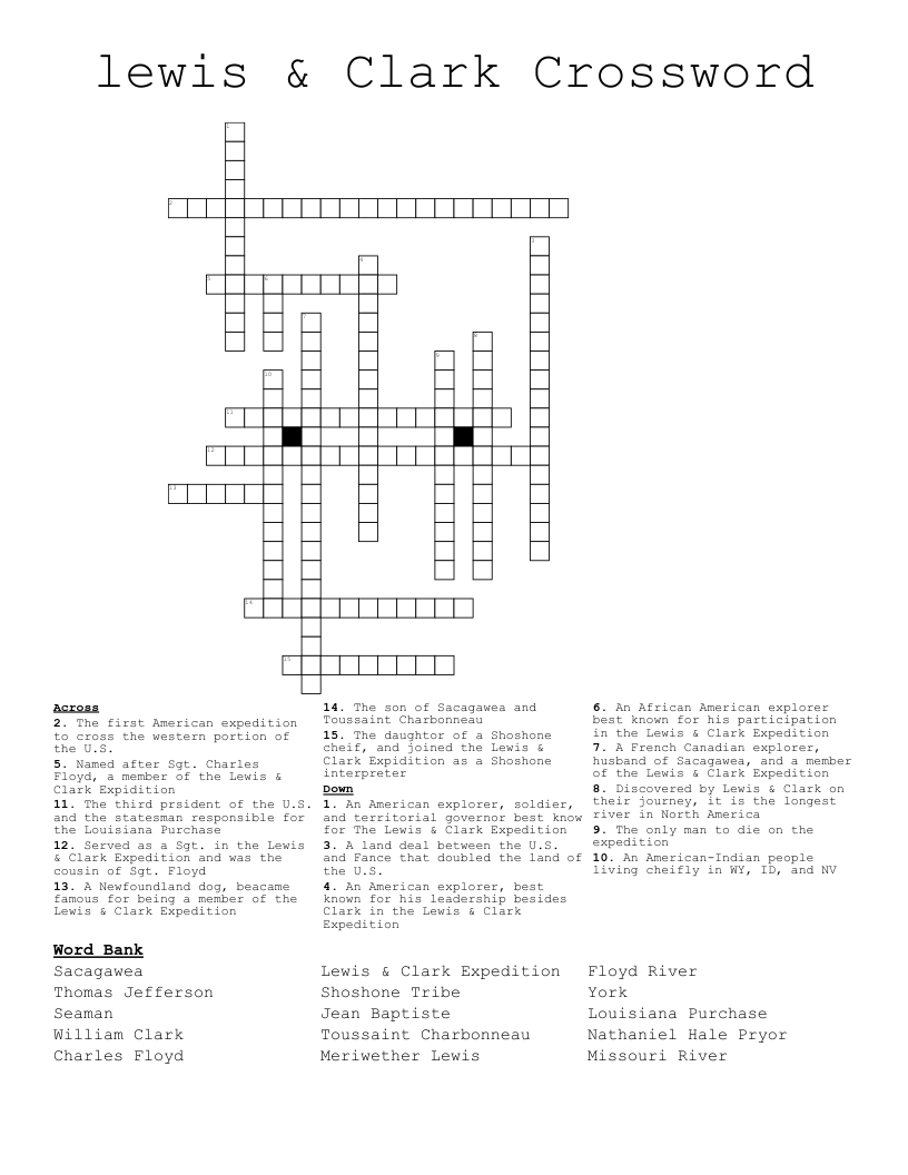 Lewis U0026 Clark Crossword WordMint Lewis U0026 Clark Crossword WordMint
